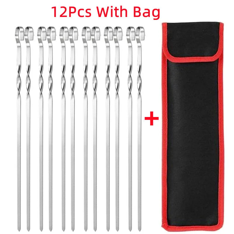BBQ Sticks Stainless Steel Barbecue Skewer BBQ Tools Utensil Reusable Grill Sticks Outdoor Camping Picnic Flat BBQ Fork 6-12Pcs