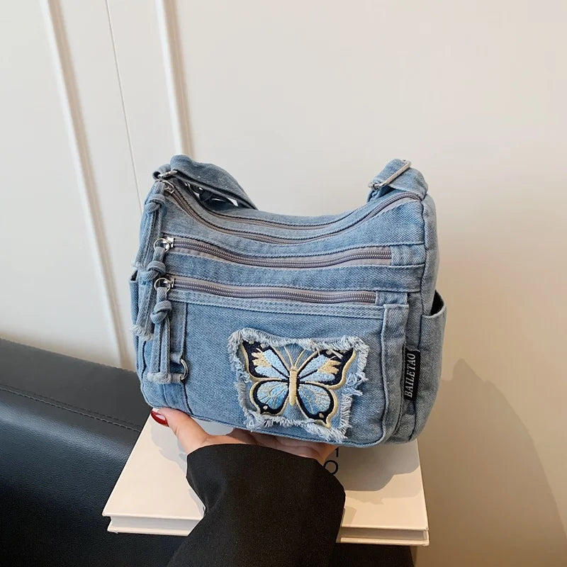 Korean Version Denim Crossbody Bag with Cute Butterfly Embroidery – Adjustable Strap, Multi-Pocket Small Sling for Women