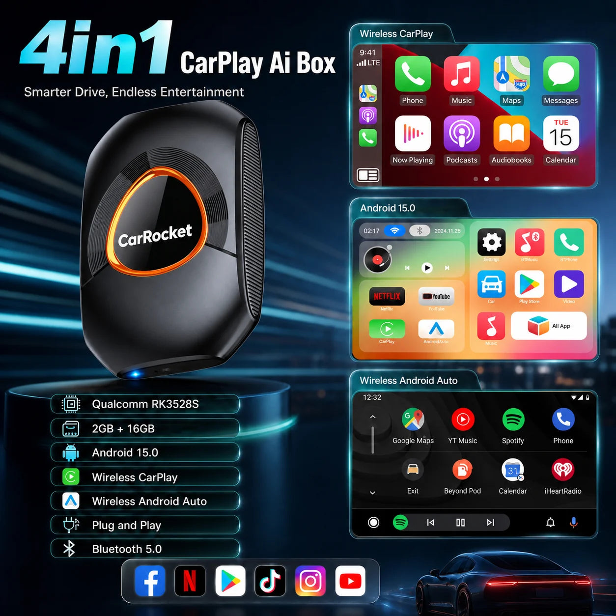 CarRocket Wireless CarPlay AI Box For Factory Wired CarPlay Cars Android 15.0 Auto Dual Band WiFi Bluetooth 5.2 Auto Con