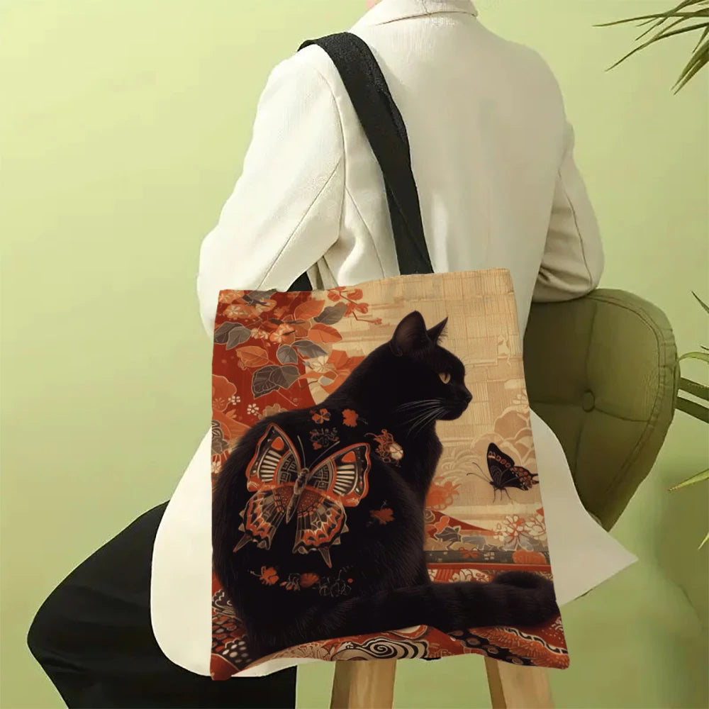 Classic Black And White Cat Tote Bag With Cat Print, Reusable Shoulder Shopping Beach Bag For Women, Durable Casual Carryall