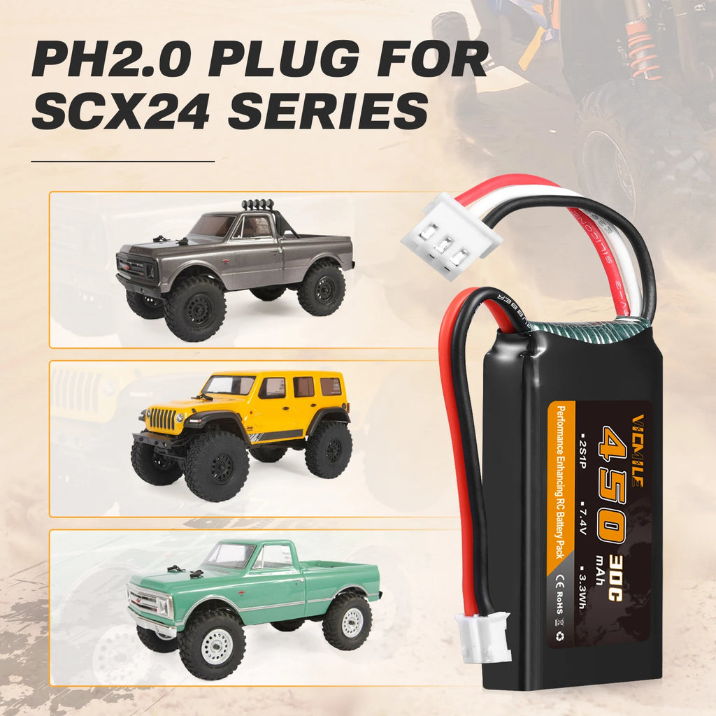 VICMILE SCX24 Battery 7.4V 450mAh Lipo Battery 2S 30C Rechargeable Lipos with PH2.0 Plug Fit for Most 1/10, 1/16, 1/18, 1/24 Sca