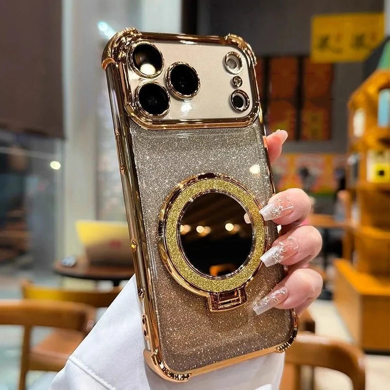 Glitter Shockproof Mirror Magnetic Bracket Case For iPhone 17 Air 16 15 14 Plus 13 12 11 Pro Max Plating For Magsafe Soft Cover