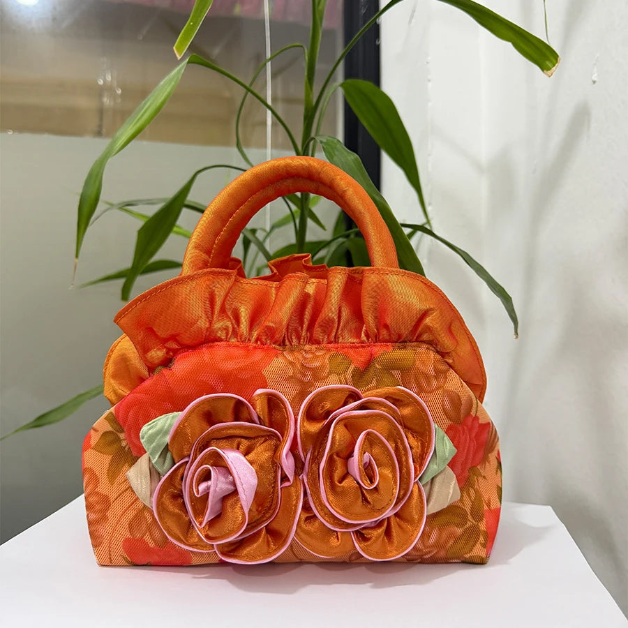 Flower fabric bag - hand-sewn for dinner party bags, women's hand-held dress bags, brides' bags