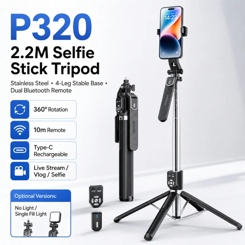 P320 Long Stainless Steel Selfie Stick, 4-Leg Bluetooth Phone Tripod Stand with Dual Remote for Live Streaming and Photography
