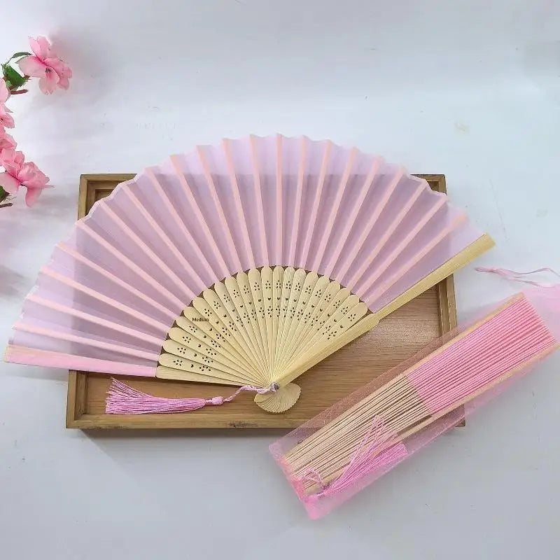 Chinese Style Folding Fan Wear Resist With Organza Bag Bamboo Hand Fan With Tassel Cooling Tool Silk Hand Fan Party Decoration