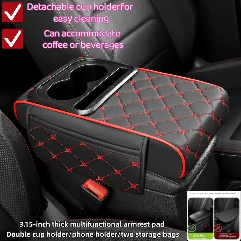 PU Leather Car Center Console Storage Height Pad with Cup Holder, Phone Card Slot, Dual Pockets or No Pocket Storage
