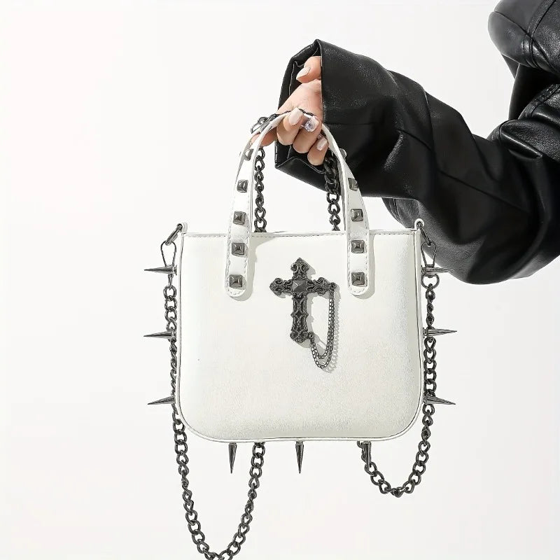 Gothic Handbag for Women Studded Small Square Crossbody Bag PU Leather Shoulder Purse with Cross Design New Arrival Biker Tote