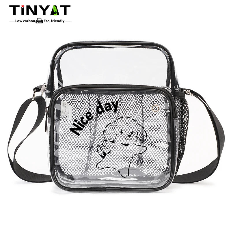 TINYAT PVC Clear Messenger Bag Women Transparent Shoulder Bag Waterproof Crossbody Bag for Music Concert Sports Race