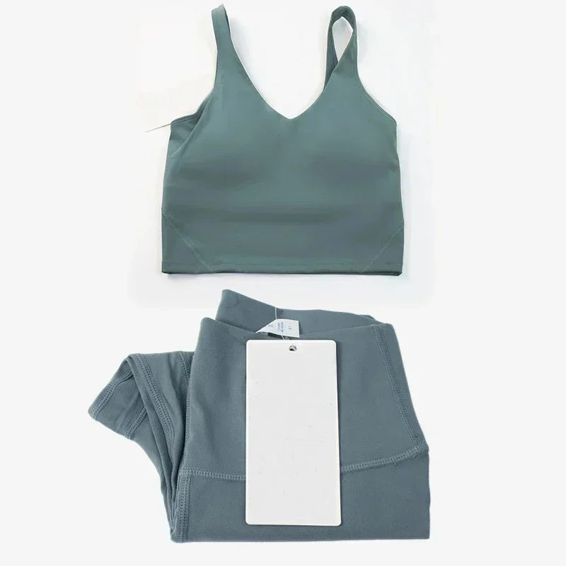 Classic women's 2-piece yoga outfit: U-shaped camisole top & high-waisted nude-feel leggings, suitable for fitness and workout.