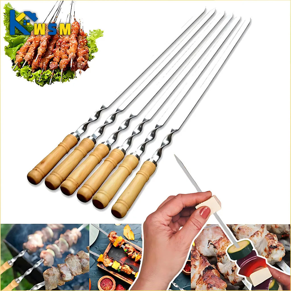 6-24PCS 55cm BBQ Fork BBQ Skewers Long Handle Kebab Barbecue Grill Sticks Reusable Stainless Steel Outdoor Camping Grill Needle