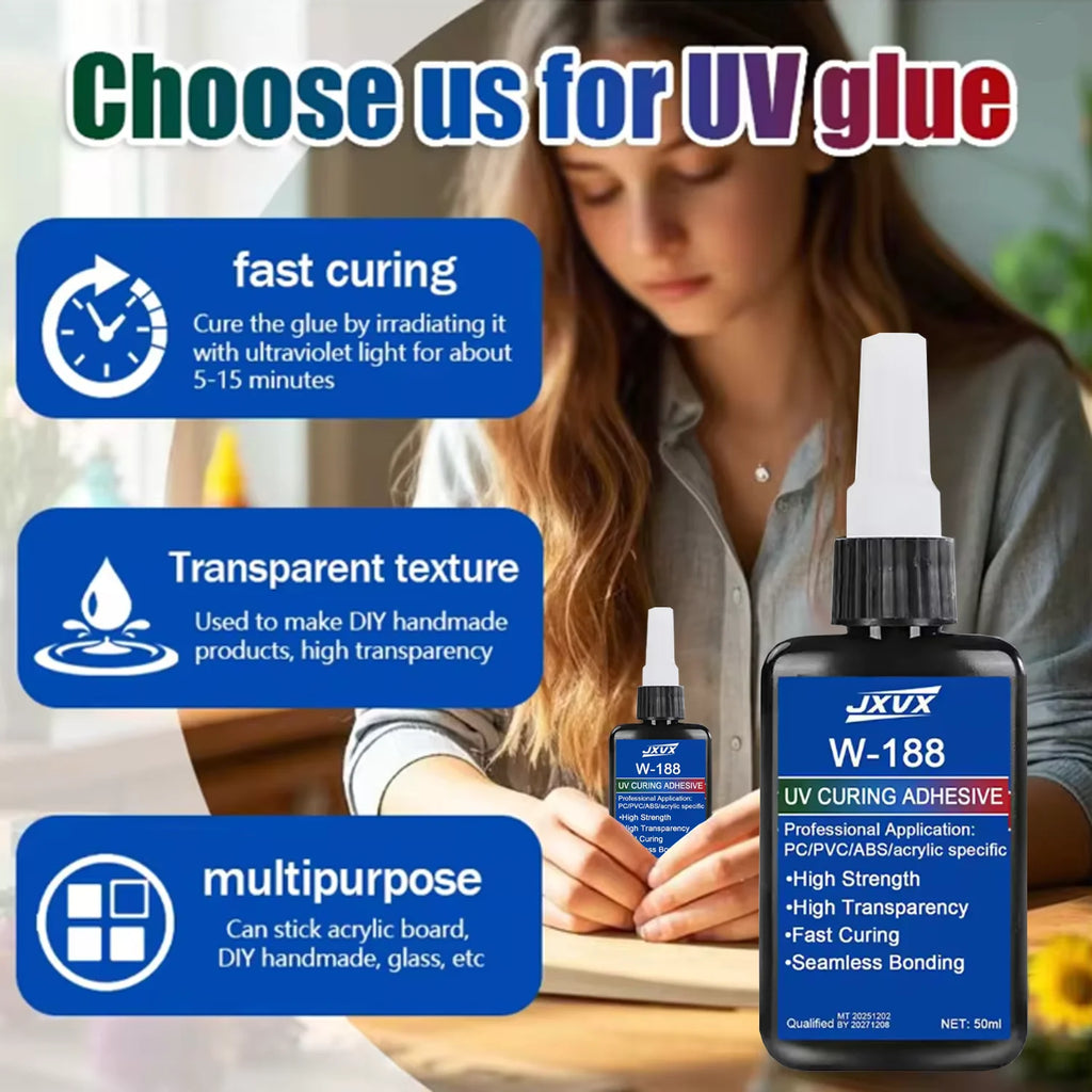 JXVX 1-3PCS New 50ml Strong UV W188 Adhesive, UV Curing Adhesive for Glass, Glass and Metal, ABS Bonding, UV Curing Lamp Welding