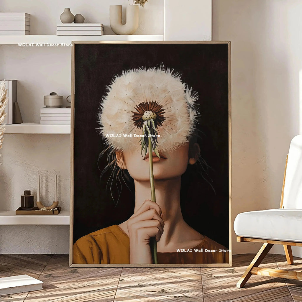 Green Abstract Figures Canvas Print with Flower Woman Minimalist Japandi Female Portrait Art Poster for Modern Living Room Decor