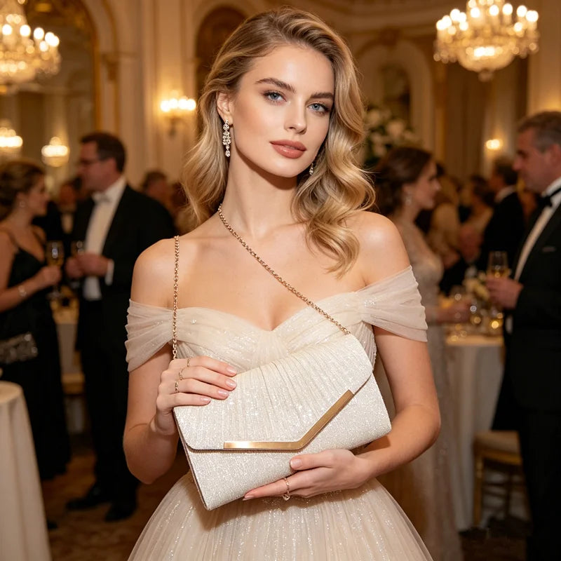 Shiny Pleated Shoulder Crossbody Bag Elegant Glitter Envelope Clutch Bag with Detachable Chain Strap for Evening Party & Wedding