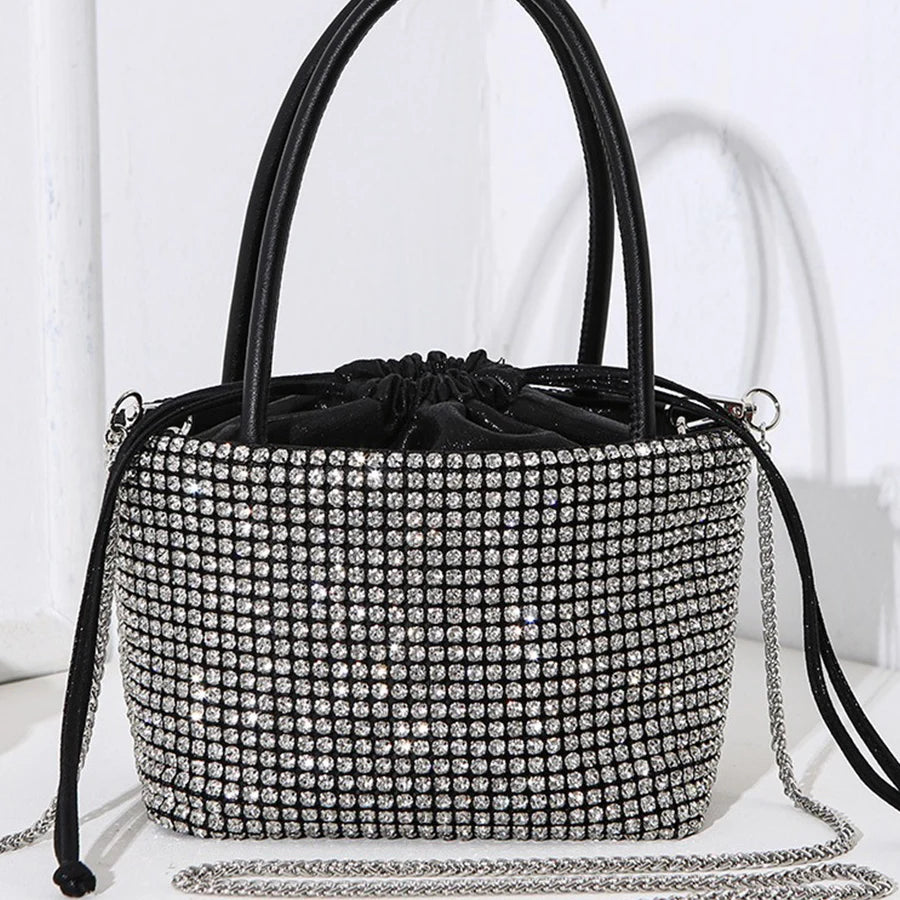 Luxury party dinner bag, drawstring diamond handbag, large capacity bucket bag, banquet chains shoulder crossbody women's bag