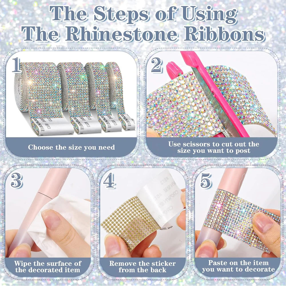 1/5/10Yards Self Adhesive Rhinestone Ribbon Bling Crystal Diamond Ribbon Roll Wrap Glittering Rhinestones Sticker for Decoration