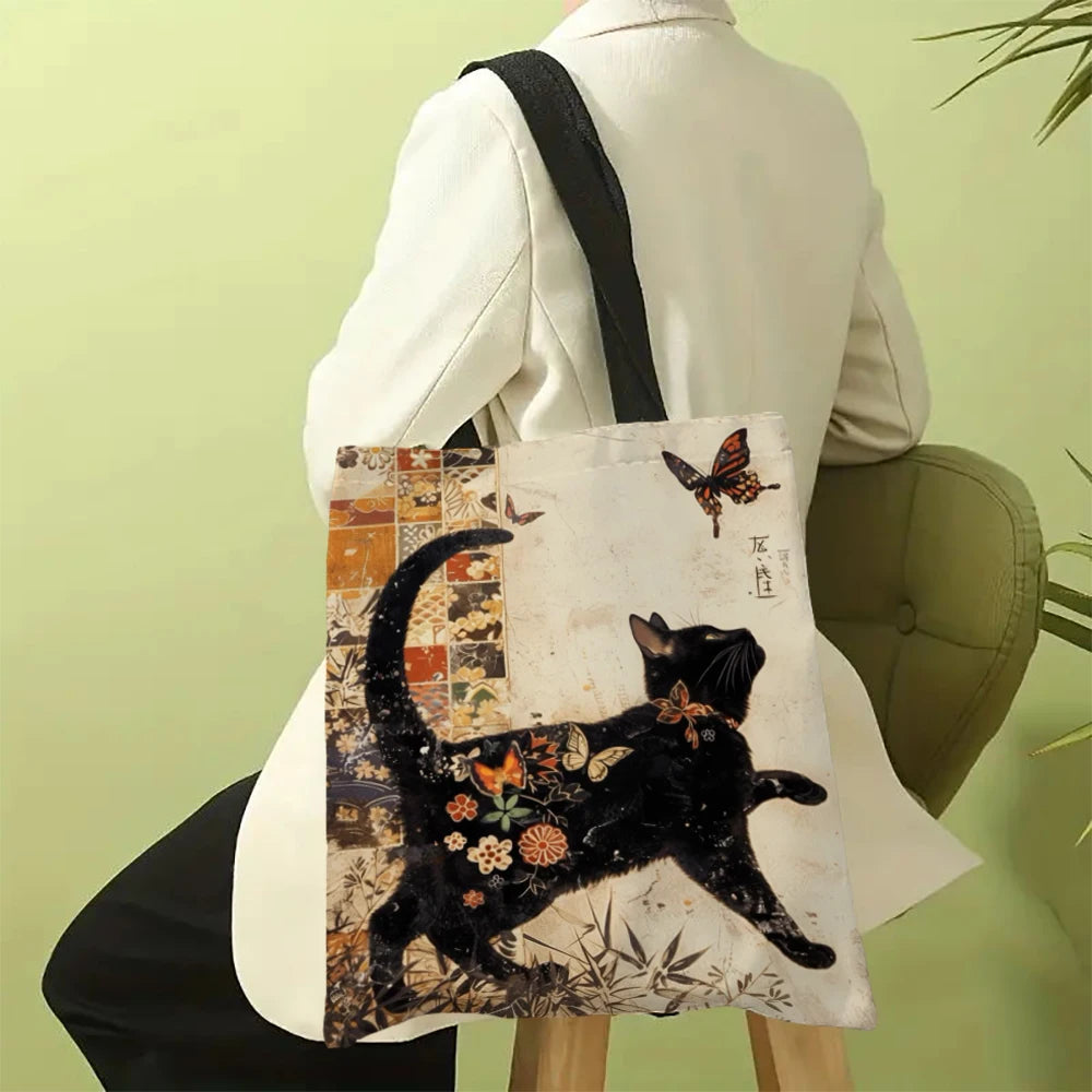 Classic Black And White Cat Tote Bag With Cat Print, Reusable Shoulder Shopping Beach Bag For Women, Durable Casual Carryall