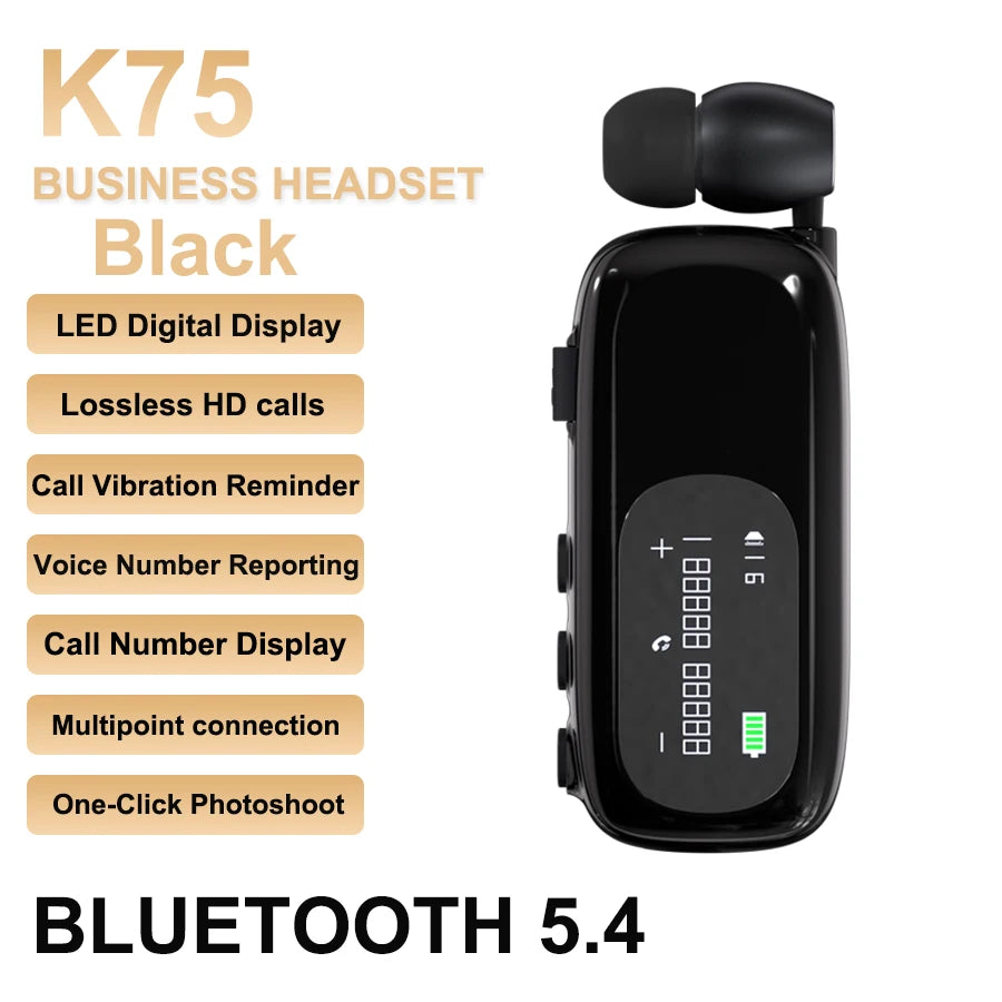 K75 Lavalier Business Headset Bluetooth 5.4 Bass Earphone HD Call Vibration Reminder+Voice Number Reporting Wireless Headphone