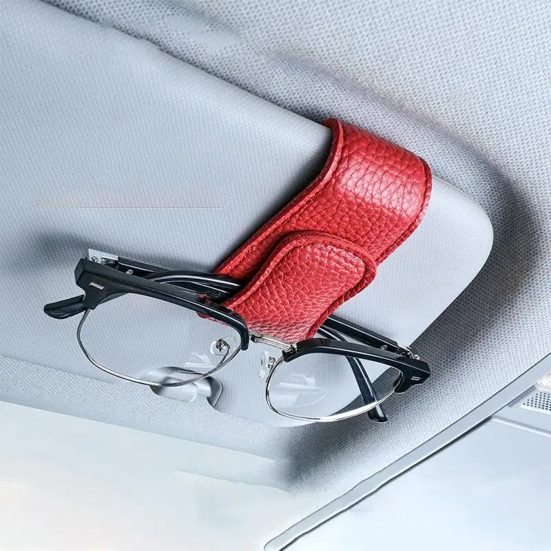 Car Sun Visor Glasses Clip, Magnetic Leather, One-Hand Operation, No-Damage Install, Fits All Vehicles, Eyeglass & Card Holder
