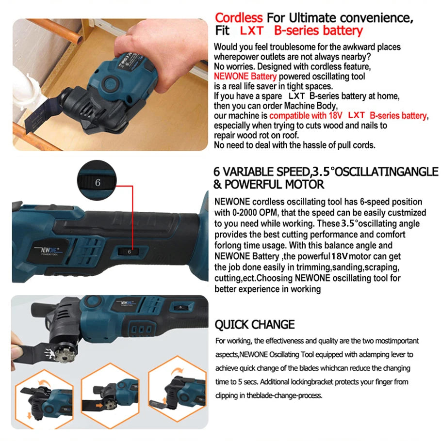 NEWONE 18V Brushless Quick release Oscillating tool Multi functional tool Renovator Electric trimmer Compatible for LXT 18V