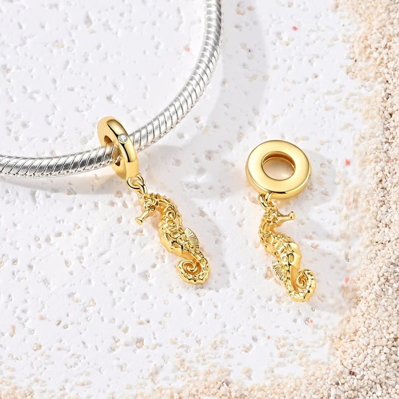 925 Sterling Silver Charms Bead CZ Zircon Gold Seahorse Dangle Fit Original Bracelet DIY Women Jewelry Gift