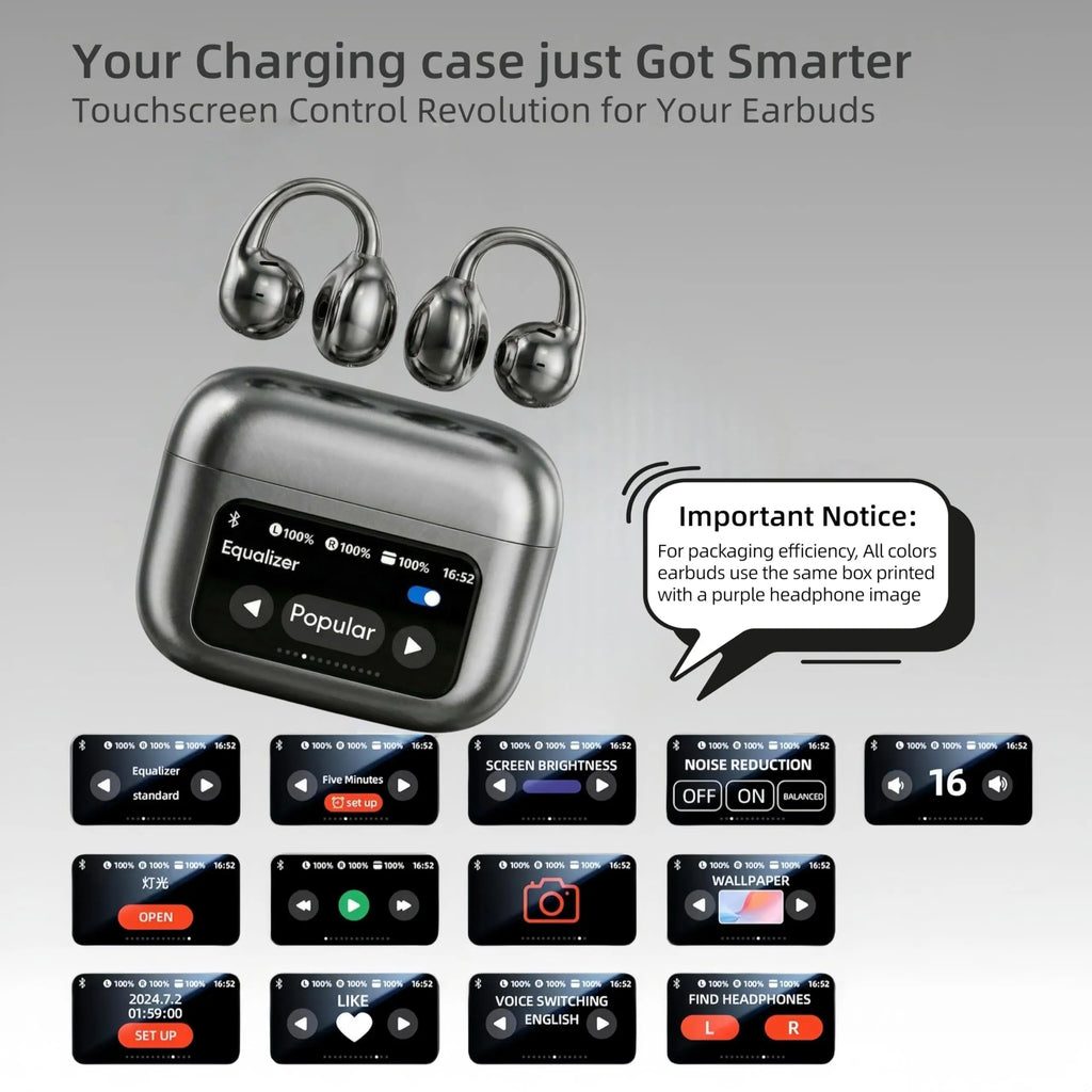 M100 Clip On Earbuds with Touchscreen Case , Wireless Open Ear Headphones ,Bluetooth 6.0 , 50h Battery Life，IPX7 Waterproof