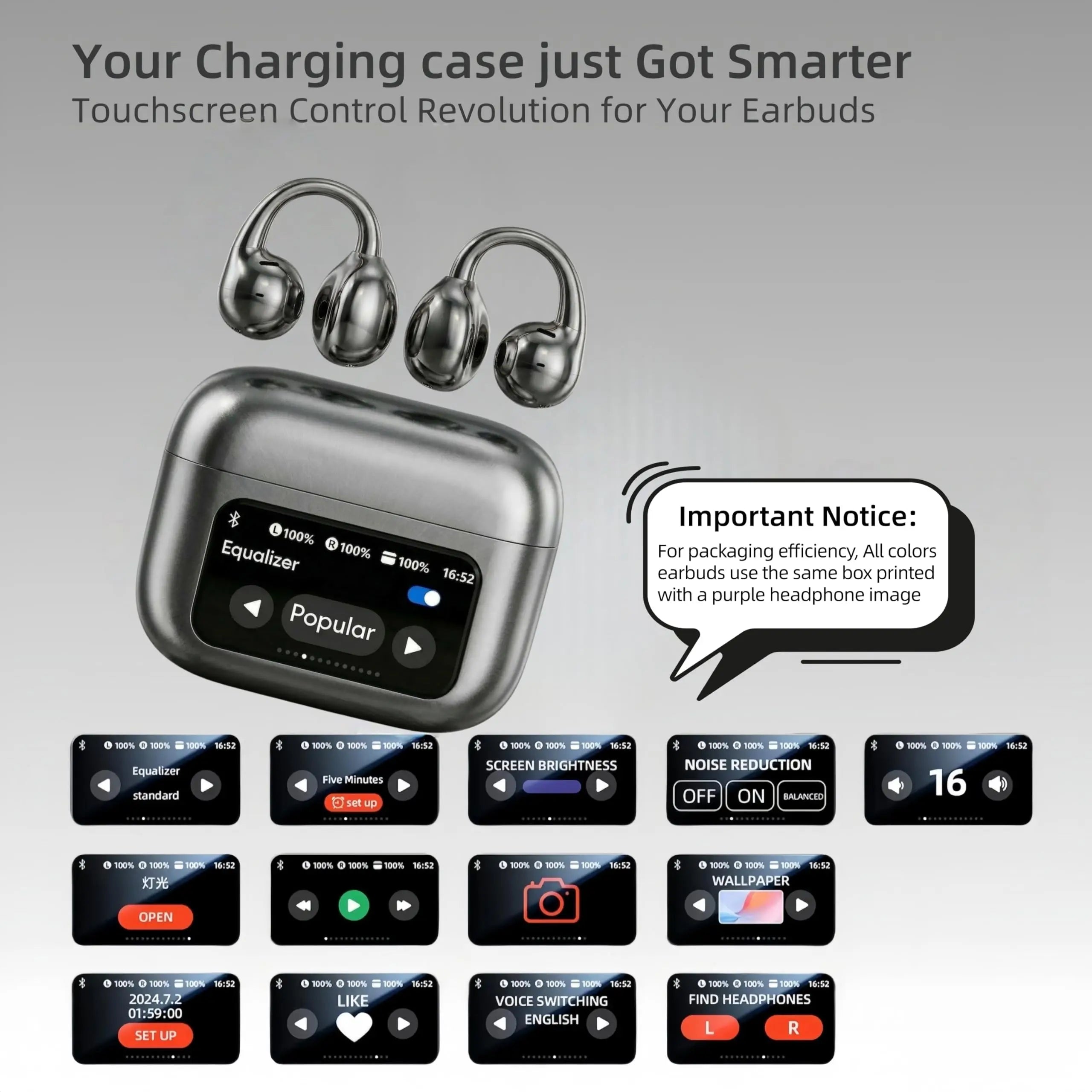 M100 Clip On Earbuds with Touchscreen Case , Wireless Open Ear Headphones ,Bluetooth 6.0 , 50h Battery Life，IPX7 Waterproof