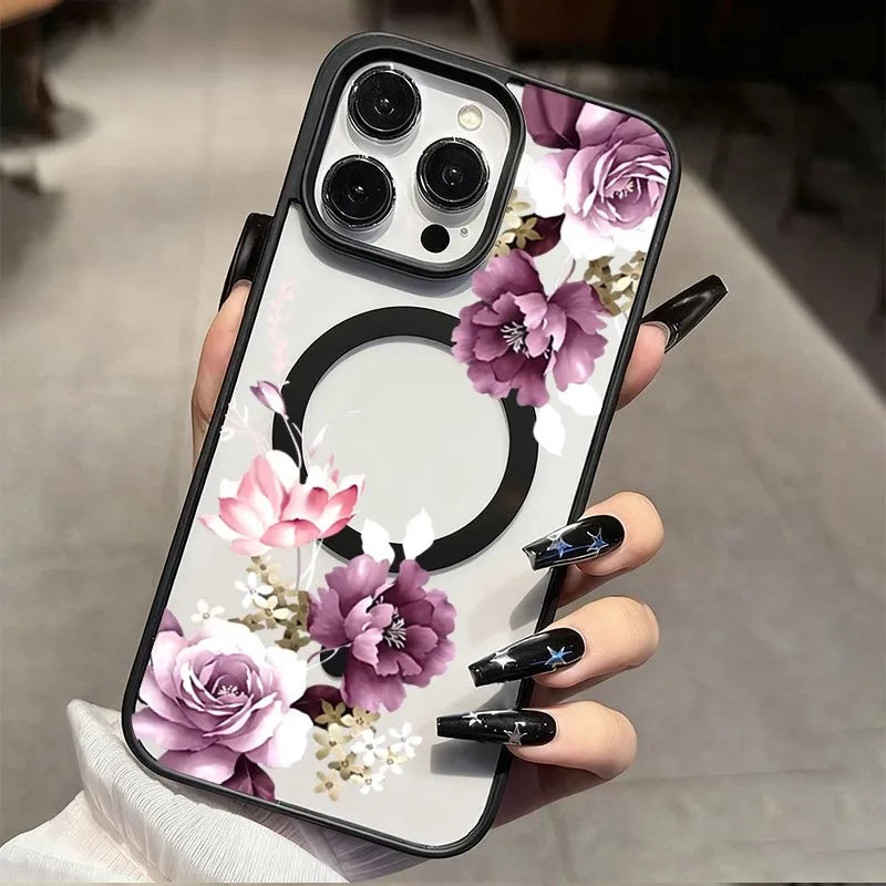 For iPhone 17 16 15 14 12 11 Pro XS Max Air 16e 17e Purple Floral MagSafe Clear Shockproof Magnetic Wireless Charge Phone Case