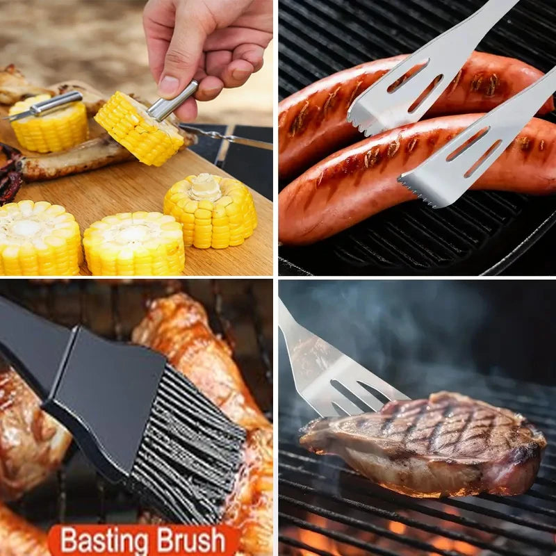 Stainless Steel Oven Set Barbecue Combination Accessories Barbecue Baking Tools with Knife Fork Tongs Portable Cloth Bag