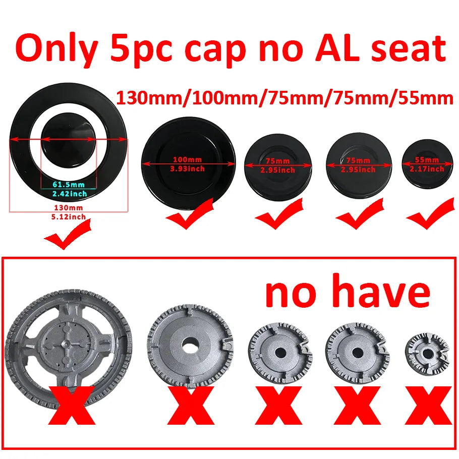 thick heavy duty 3MM 130/100/75/75/55mm stove parts gas cooker accessories cap burner