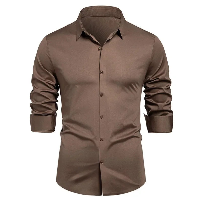High-end Formal Work Shirts Men Spring Autumn Long Sleeve Elastic Shirt Anti-wrinkle Free Ironing Business Comfort Slim Workwear