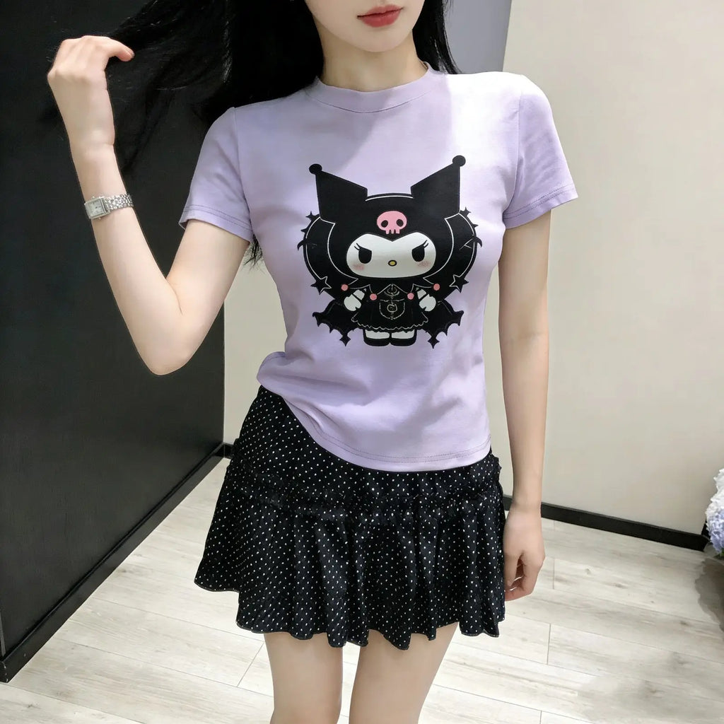 Short-Sleeved T-Shirt Kuromi Women's 2026 New Summer Sanrio Printed Senior Age-Reducing Tops Cotton White Cartoon Print Cute