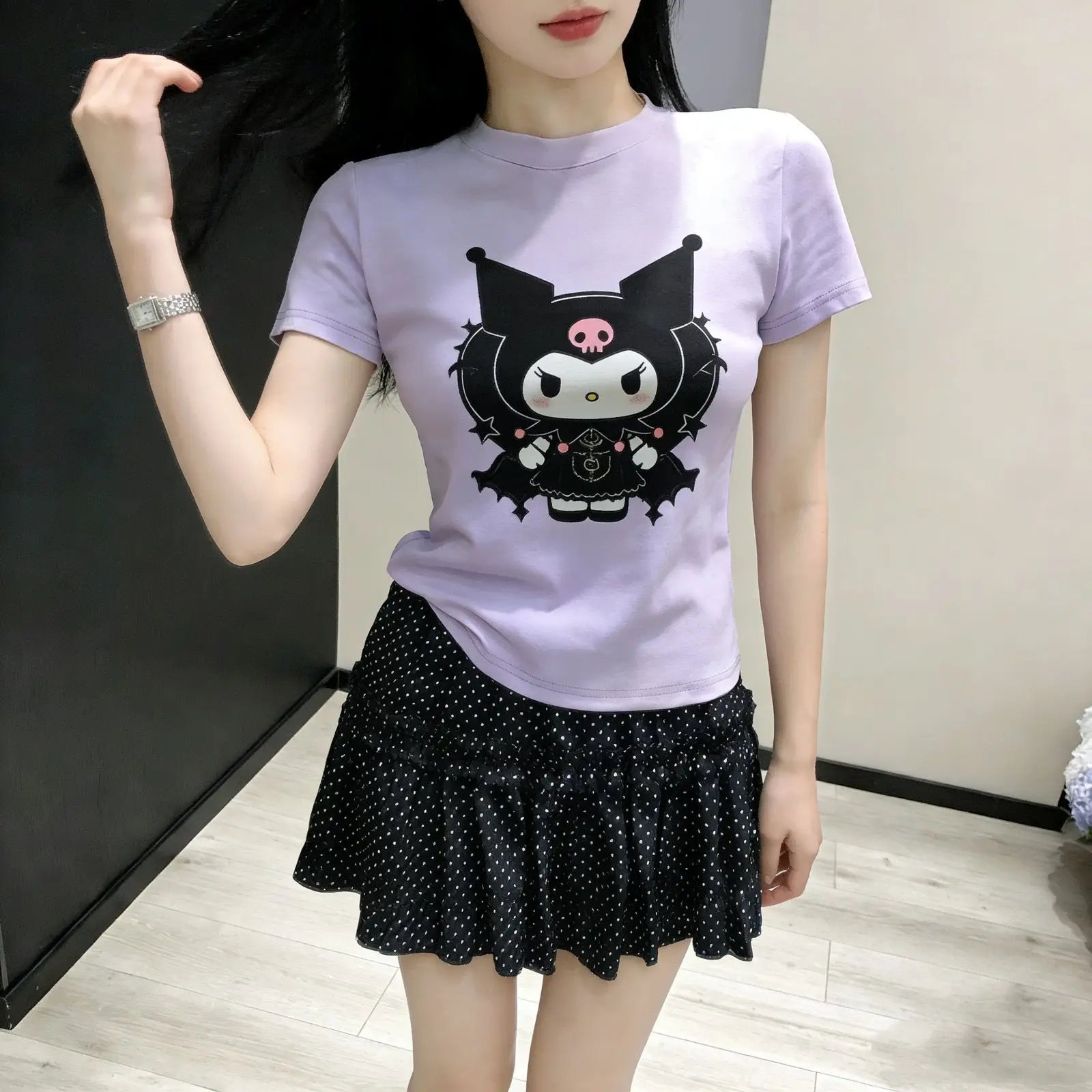 Short-Sleeved T-Shirt Kuromi Women's 2026 New Summer Sanrio Printed Senior Age-Reducing Tops Cotton White Cartoon Print Cute