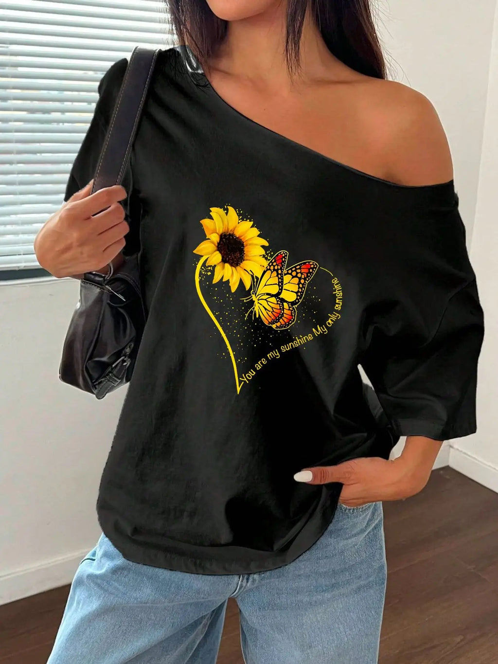 100% Cotton Plus Size Sunflower Butterfly Print Shoulder Loose Print T-Shirt Oversized Y2K Style Graphic Tees Women Tops Summ