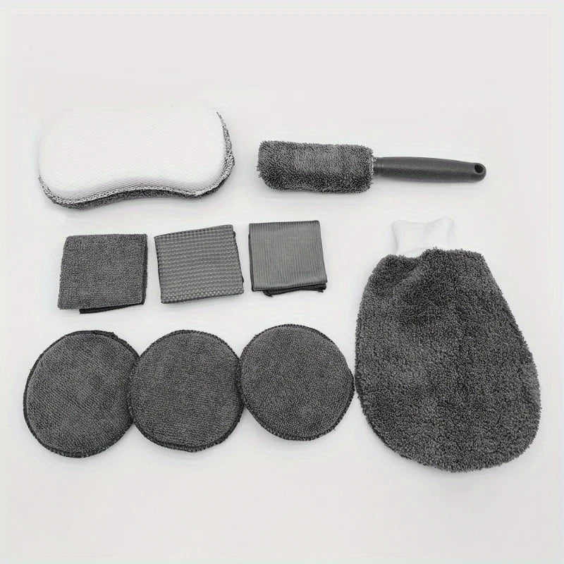 9pcs Ultimate Car Maintenance Kit: Premium Microfiber Towels, Car Wash Gloves, Detail Cloths, Waxing Sponges, and Wheel Brushes