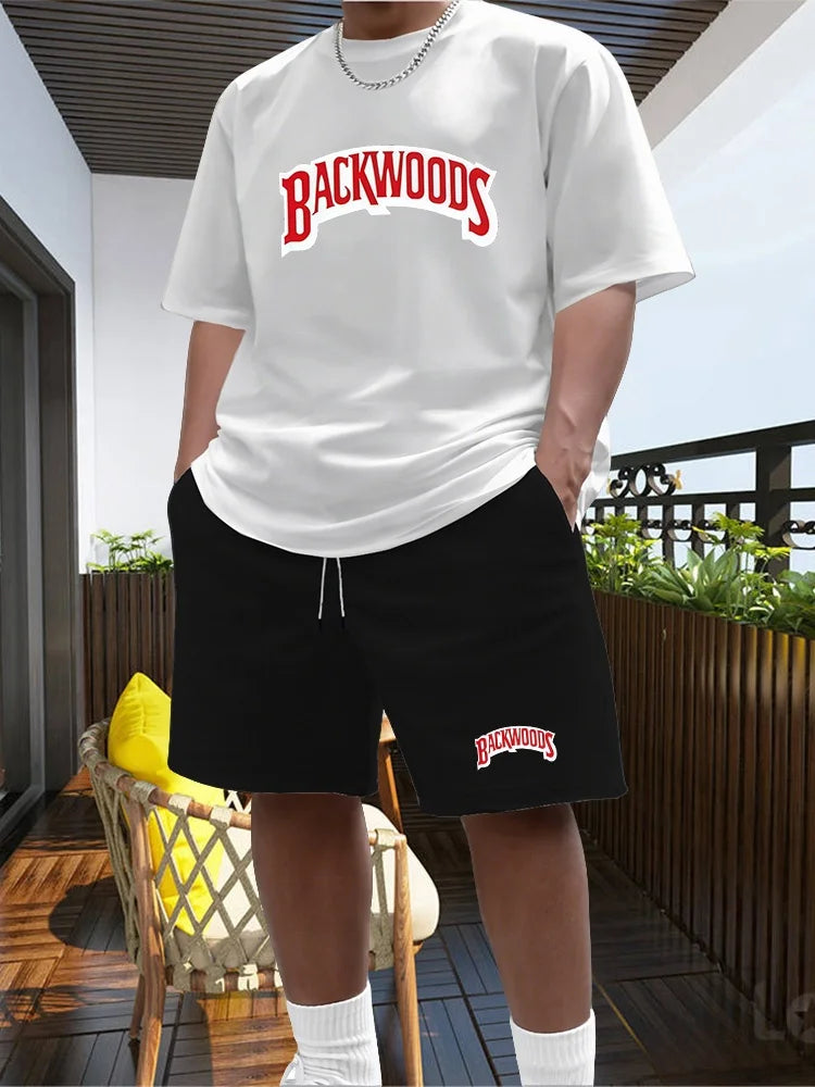 2026 New Summer Men's Fashionable Round Neck Short Sleeved Suit Black Brand Casual Jogging Clothes Sportswear