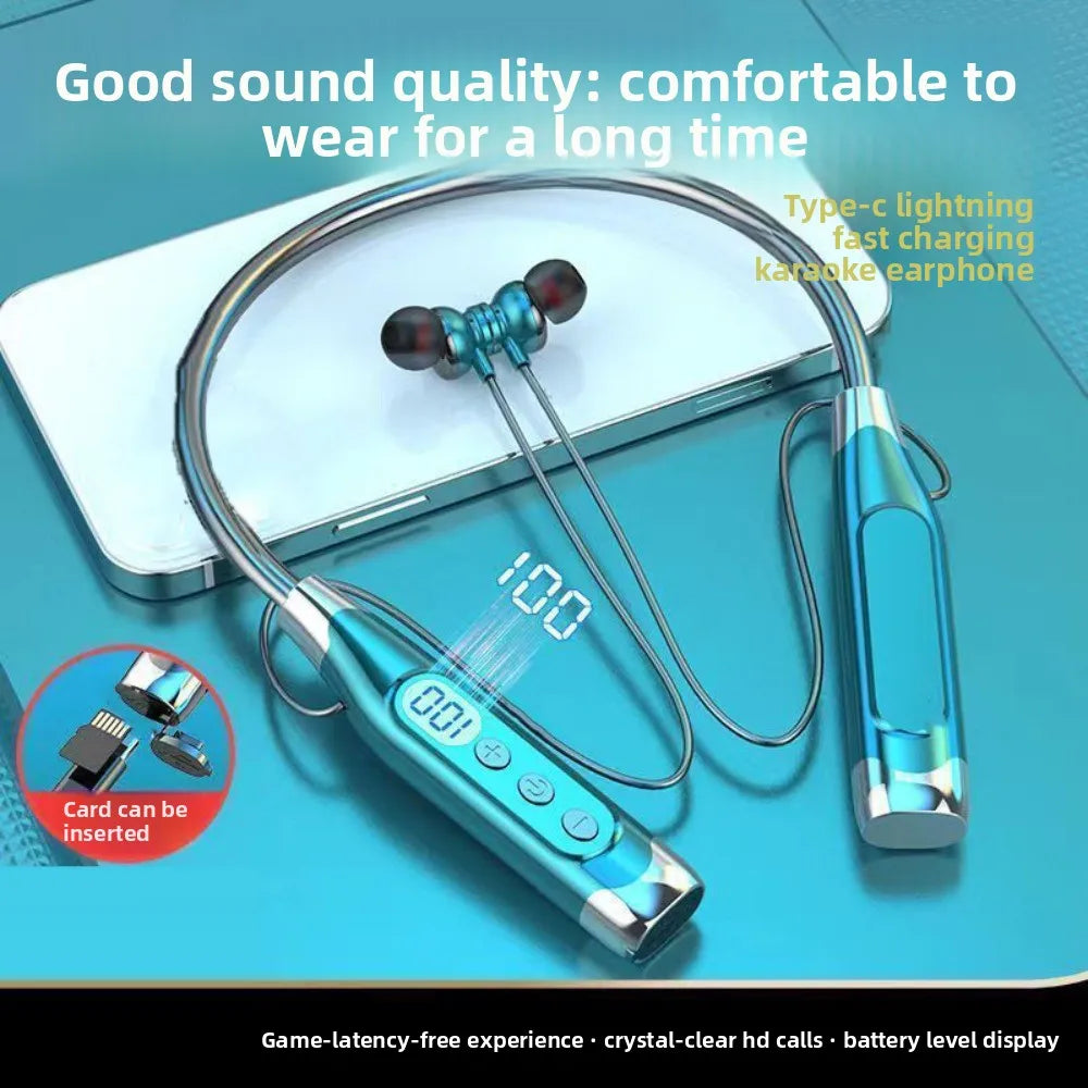 LED Digital Display Neckband Headphones Neck-mounted 3D Stereo Wireless Bluetooth Earphones Mega Bass Waterptoof Sports Headsets