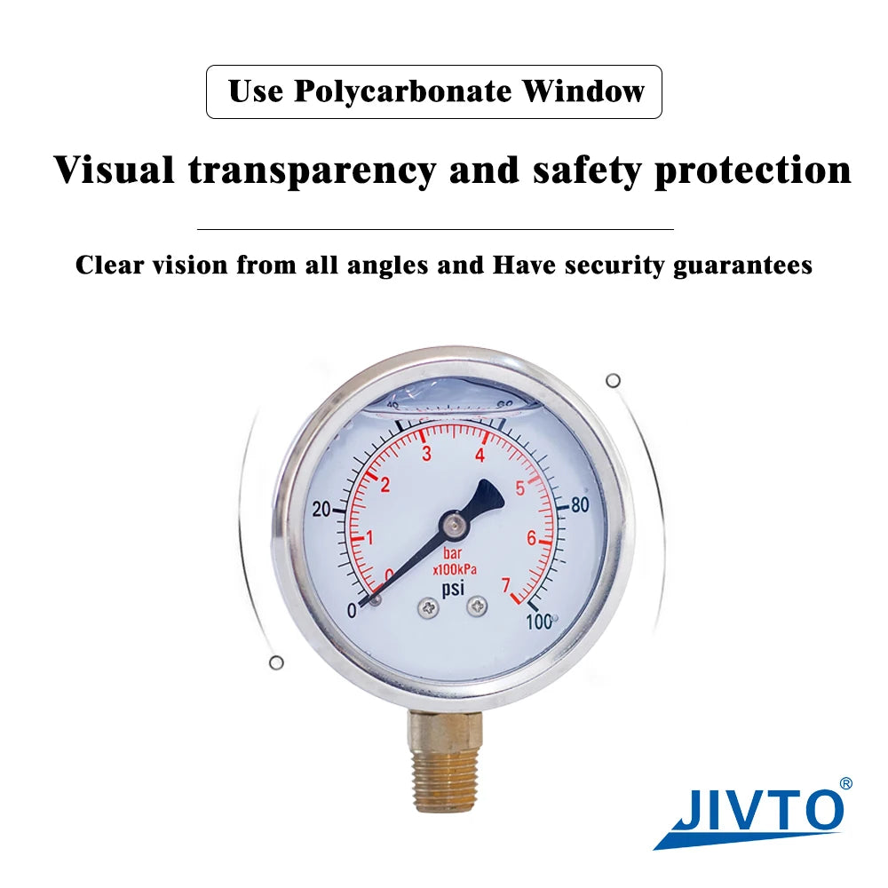 JIVTO 2.5 Inch Glycerin Filled Pressure Gauge - 1/4" NPT Lower Mount, 30-10000 PSI/Bar, Hydraulic Oil Air Water