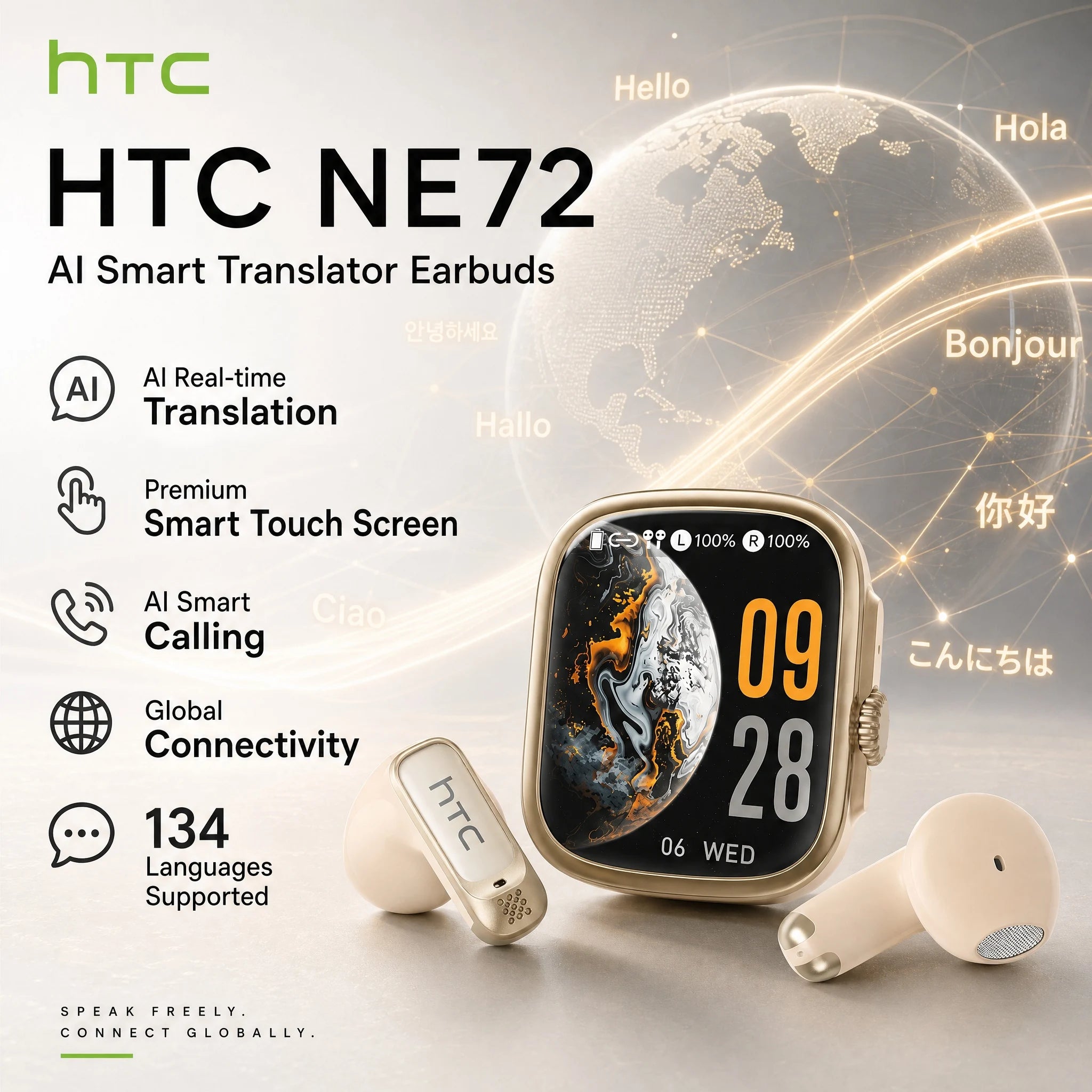 HTC NE72 TWS AI Translation Earbuds Translate Bluetooth 6.0 Headphones 30H Playtime with Smart Touch Screen for Travel Business