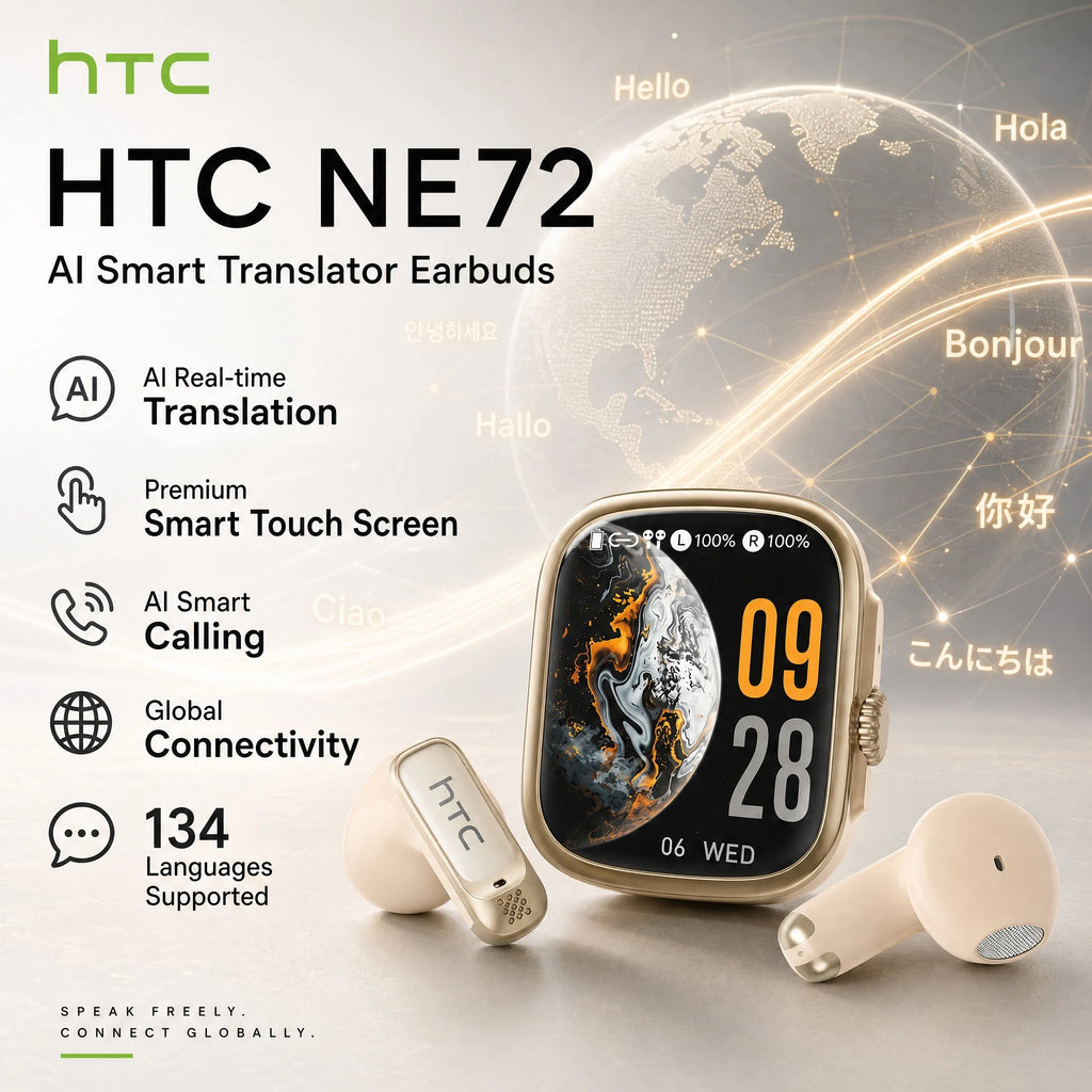 HTC NE72 TWS AI Translation Earbuds Translate Bluetooth 6.0 Headphones 30H Playtime with Smart Touch Screen for Travel Business