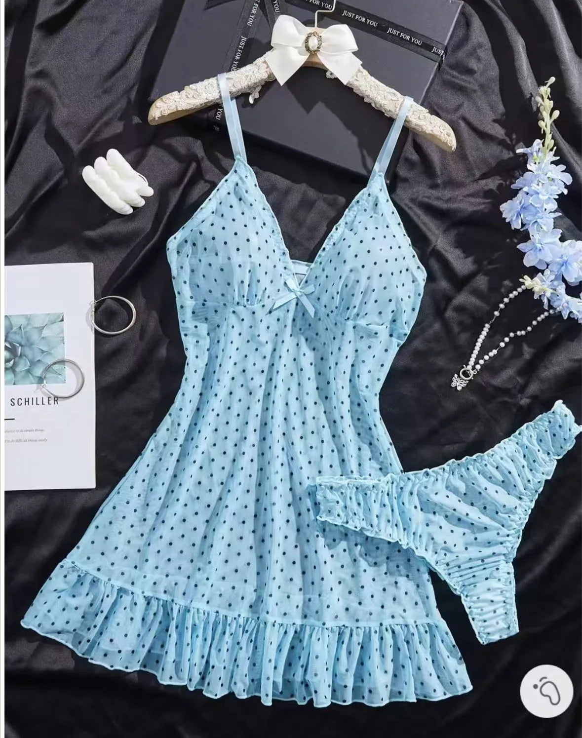 Women Blue Polka Dot Mesh Babydoll Slip Nightgown Ruffle Mini Dress Matching Thong Romantic Honeymoon Sleep Lingerie Set