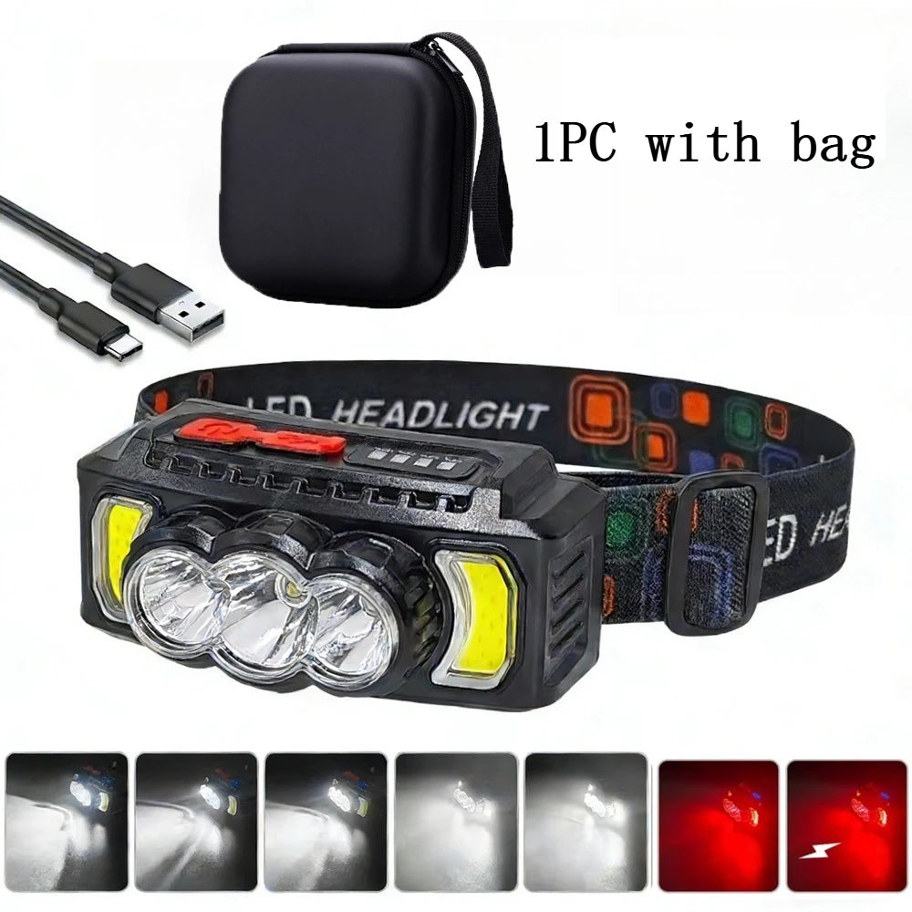 Super Powerful COB Head Flashlight LED Portable Head Lamp USB Rechargeable 7 Modes Outdoor Camping Hiking Headlamp Work Light