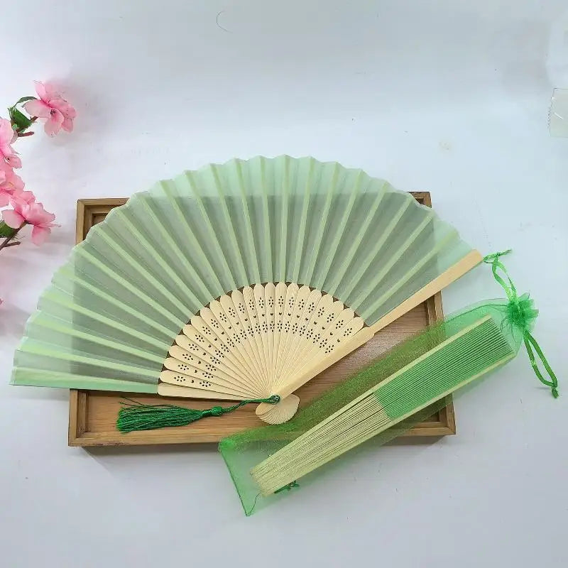 Chinese Style Folding Fan Wear Resist With Organza Bag Bamboo Hand Fan With Tassel Cooling Tool Silk Hand Fan Party Decoration