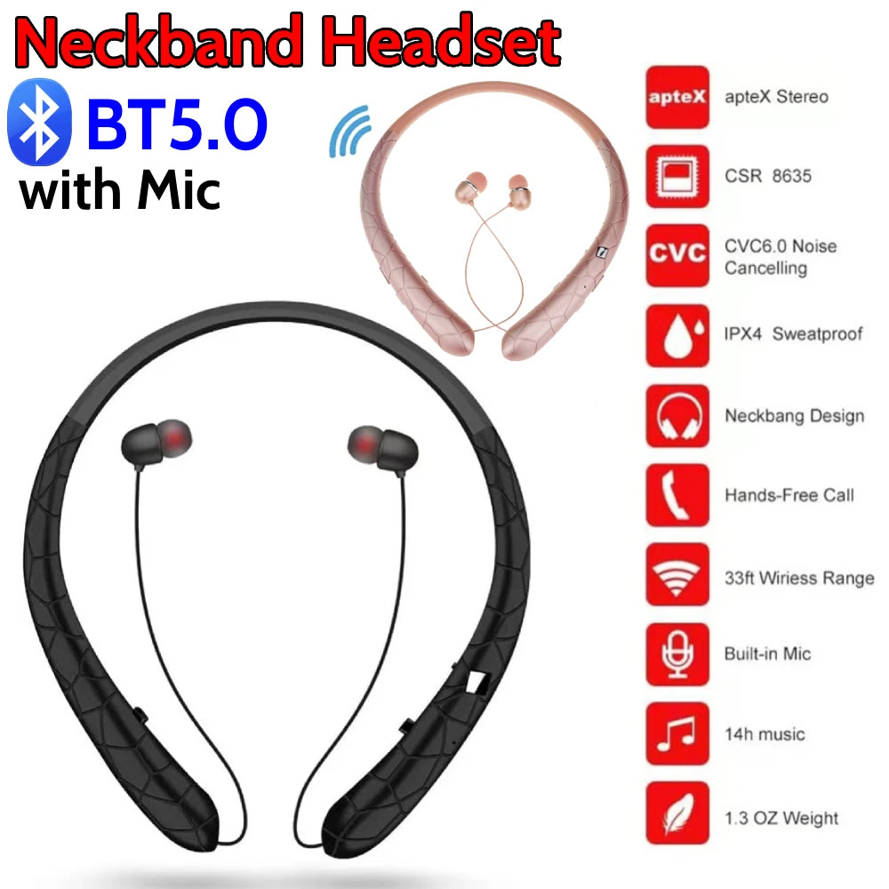 Neckband Headset Noise Canceling Workout Headphones Bluetooth-Compatible5.0 Retractable Earbuds with Mic for iPhone/Samsung/LG