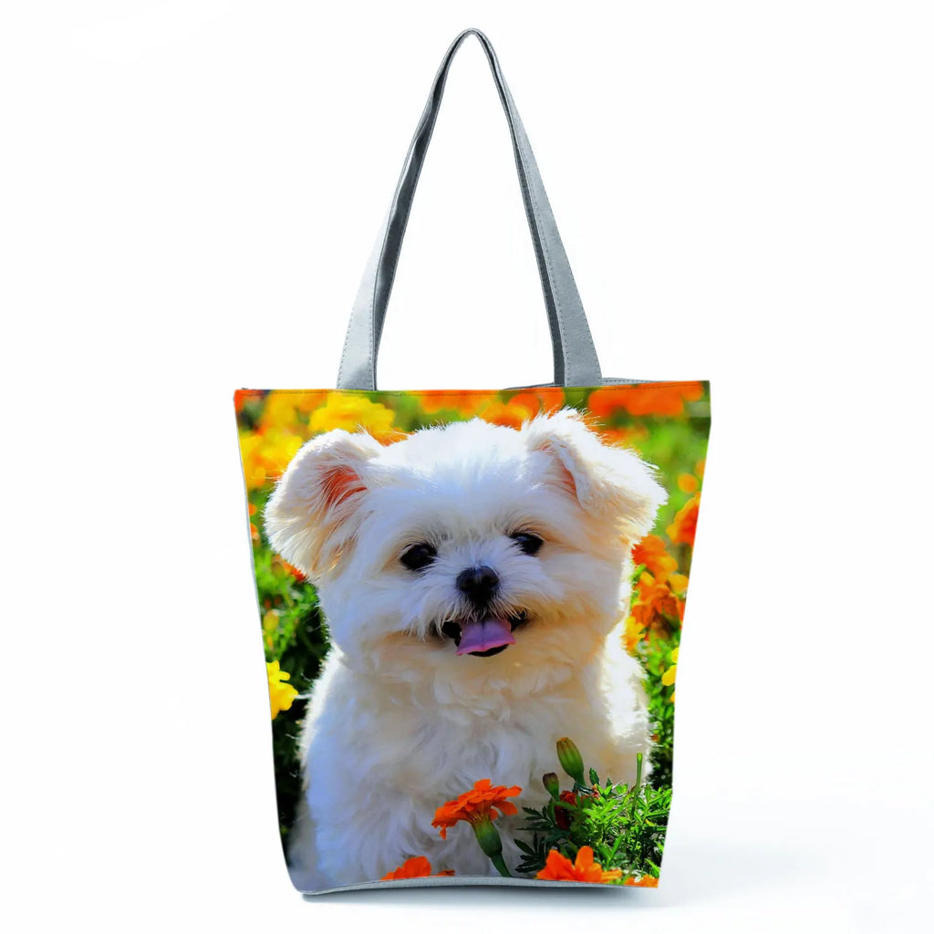 Cute Maltese Dogs Print Handbags Casual Women Shopping Bag Large Capacity Foldable Shoulder Bags Eco Reusable Travel Beach Totes
