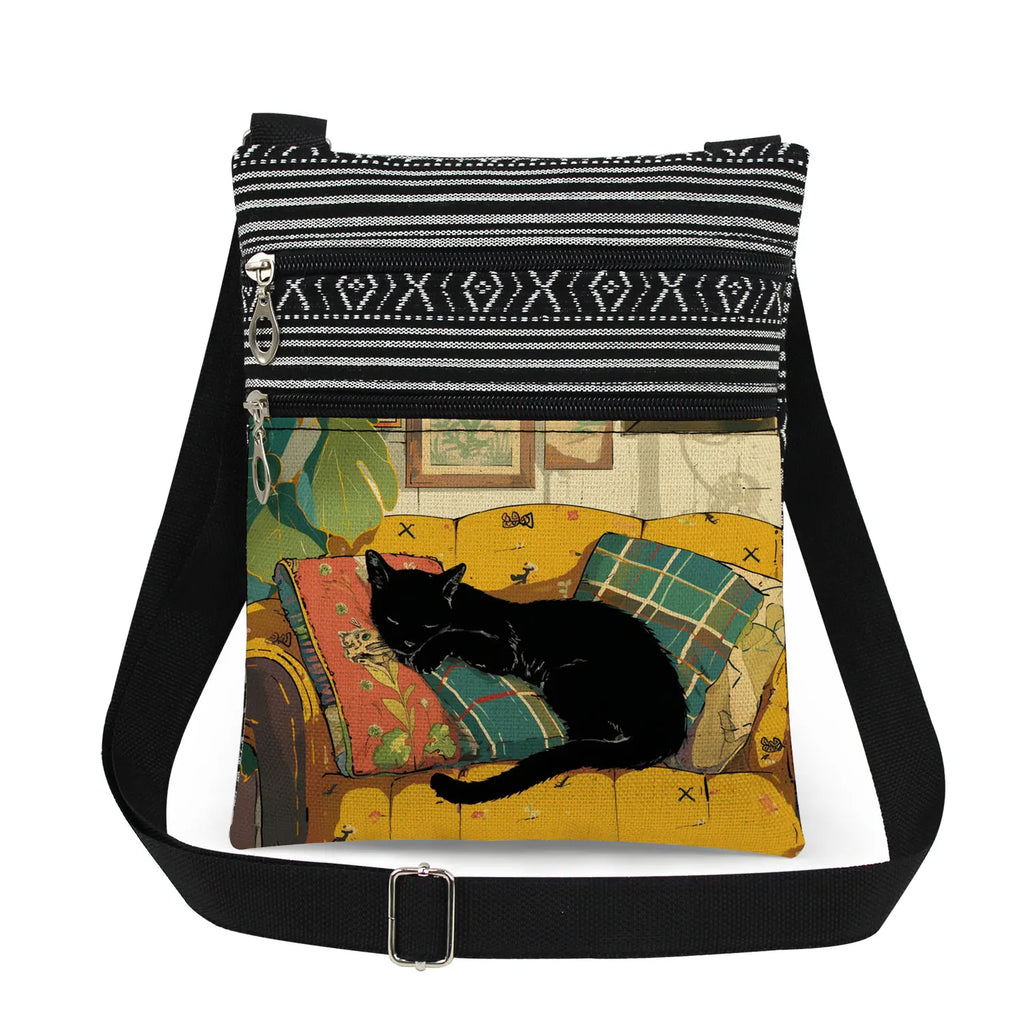 Cute Cartoon Black Cat Print Crossbody Bags Shoulder Bags For Women Daily Travel Portable Small Messenger Bags Catkeeper Gift