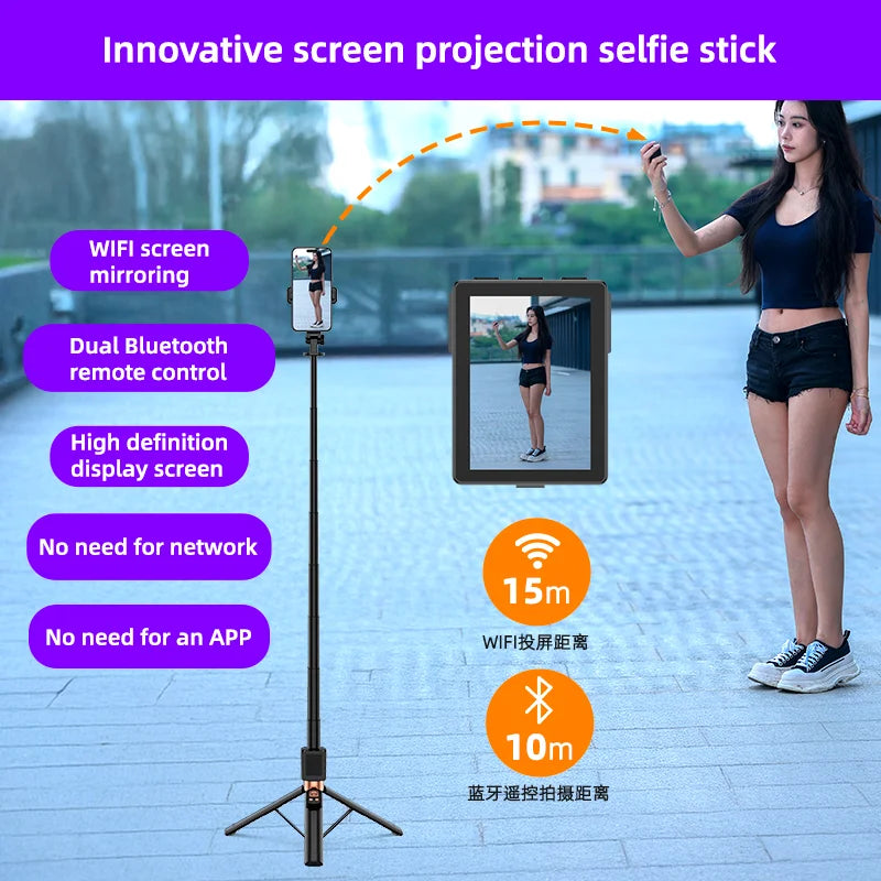CL10 Selfie Stick Tripod Stand with Small Screen Casting Selfie Monitor with Remote Control Extendable Tripod for Smartphone