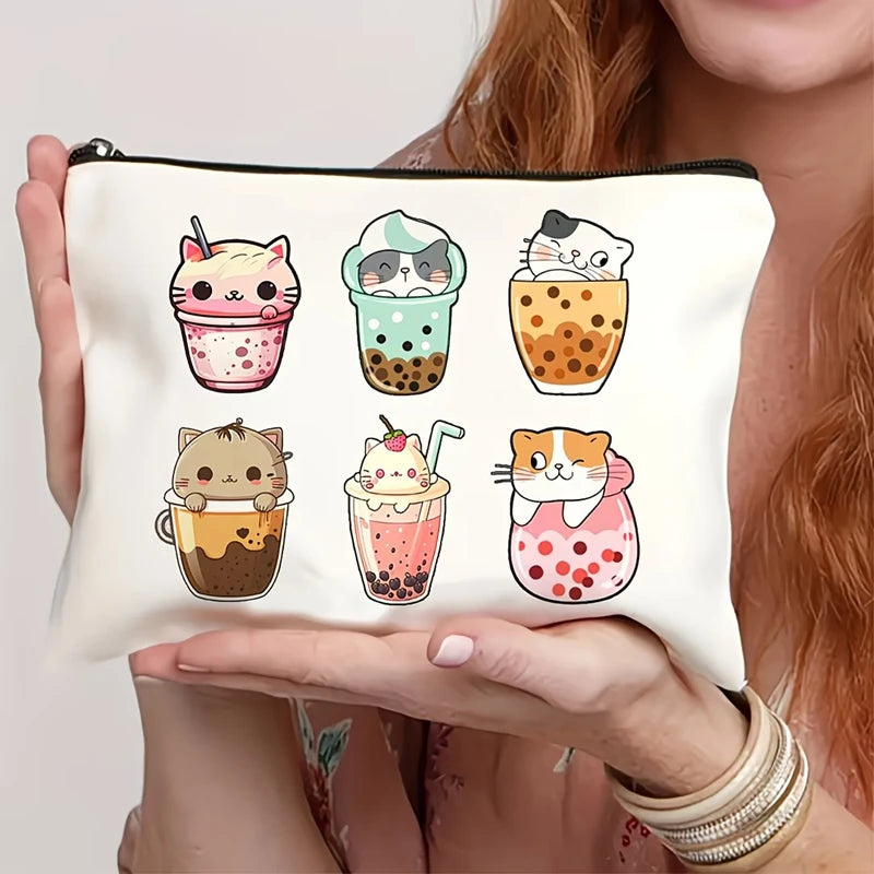 Multi Style Cat Printed Canvas Bag With Zipper Hand-Held Coin Purse Cosmetics Storage Fade-Resistant Cosmetic Bag Gift Friends
