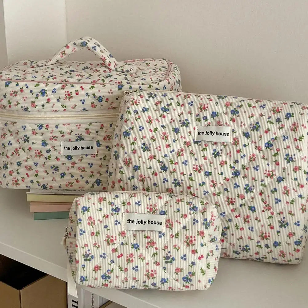 Flower Printed Puffy Quilted Zipper Makeup Bag Storage Organizer Toiletry Handbag Cosmetic Pouch Large Travel Cosmetic Bag