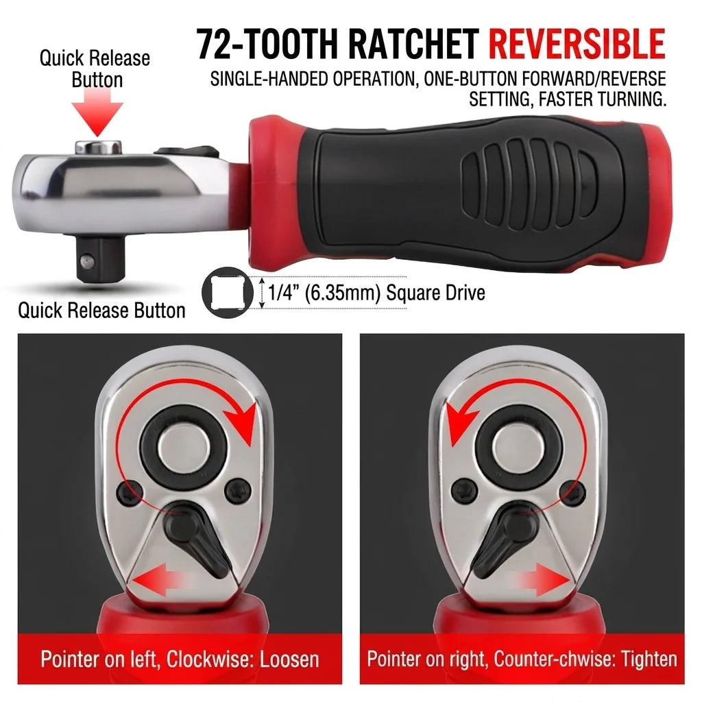 1/4" Mini Ratchet Wrench Set 72-Tooth Reversible Ratchet Socket Wrench Hex Bit Driver CR-V Hand Tools for Bicycle Car Repair DIY