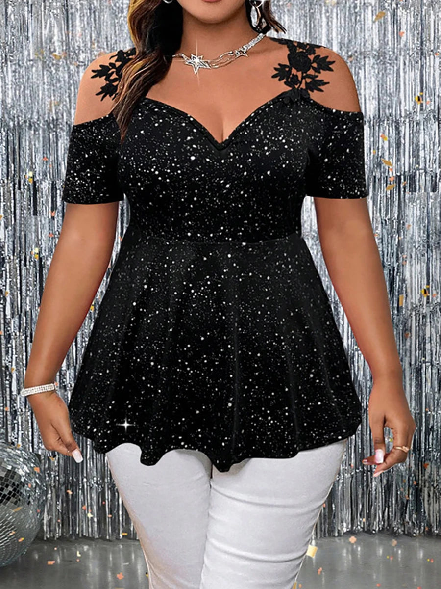 Plus Size Glitter Peplum Top Cold-Shoulder Stretchy Party Blouse Glam Evening Top